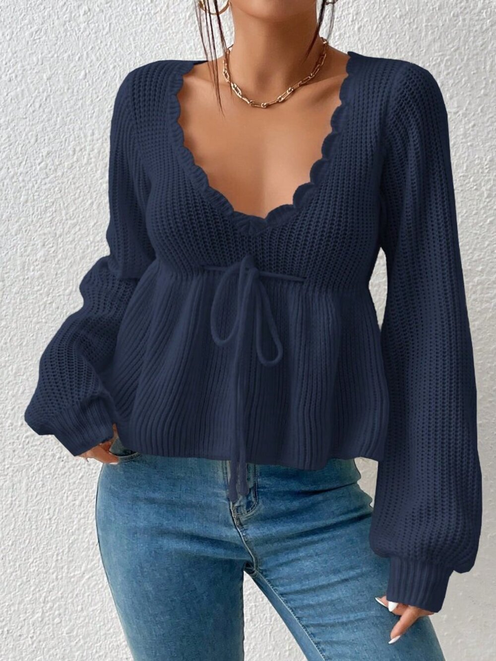 Royal Blue Casual Women's V-Neck Tie-Waist Long Sleeve Sweater